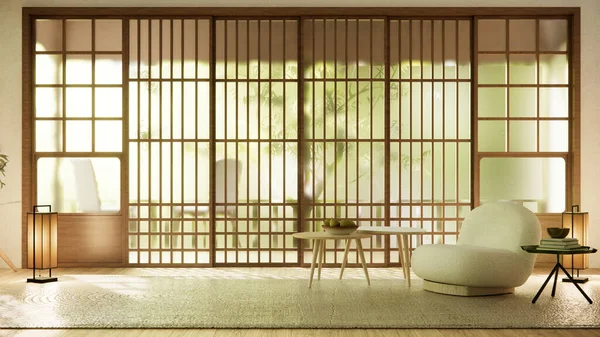 Minimalista Japandi Estilo Sala Estar Decorada Com Sofá — Fotografia de Stock