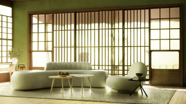緑のモダンな客室のインテリアWabisabiスタイルとソファと装飾日本語 — ストック写真