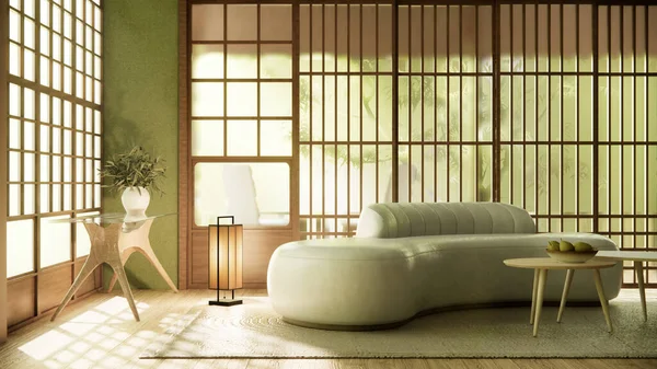 Verde Habitación Moderna Interior Wabisabi Estilo Sofá Decoración Japonesa —  Fotos de Stock