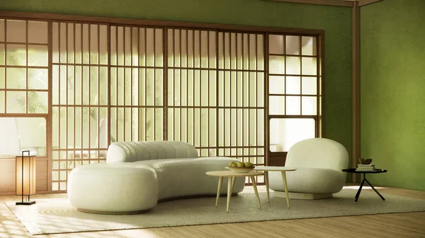 Ruang Interior Hijau Modern Gaya Wabisabi Dan Sofa Dan Dekorasi — Stok Foto