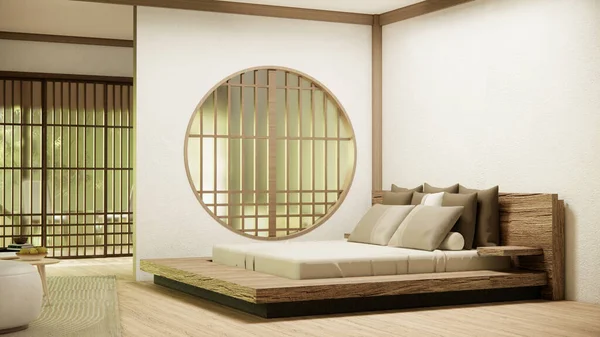 Ruang Kosong Gaya Jepang Dihiasi Dengan Tempat Tidur Kayu Dinding — Stok Foto