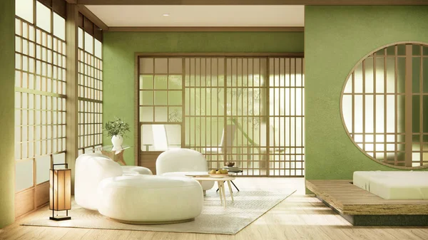 Zielony Nowoczesny Pokój Wnętrze Wabisabi Styl Sofa Dekoracja Japoński — Zdjęcie stockowe
