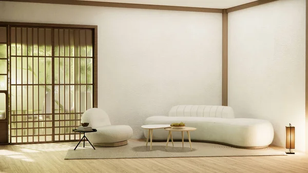 Minimalistyczny Pokój Dzienny Stylu Japońskim Ozdobiony Sofą — Zdjęcie stockowe