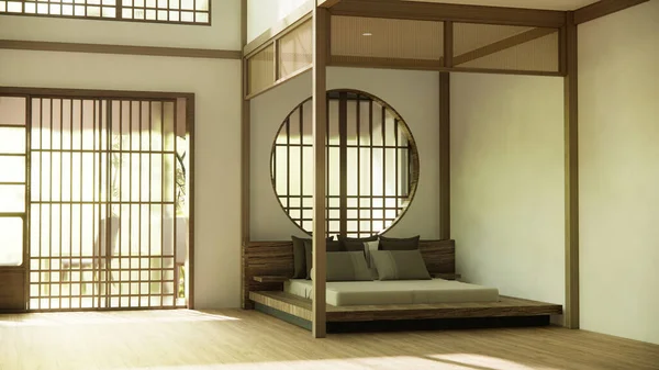 Ιαπωνικό Στυλ Άδειο Δωμάτιο Διακοσμημένο Ξύλινο Κρεβάτι Λευκό Τοίχο Και — Φωτογραφία Αρχείου
