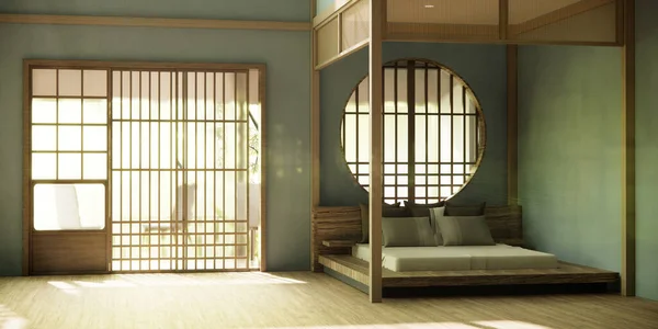 木造のベッド 白い壁 木製の壁で飾られた日本スタイルの空の部屋 — ストック写真