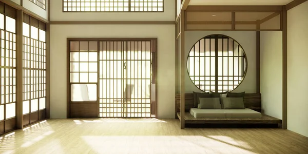 Chambre Vide Style Japonais Décorée Avec Lit Bois Mur Blanc — Photo