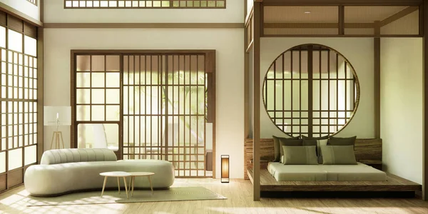 Chambre Vide Style Japonais Décorée Avec Lit Bois Mur Blanc — Photo