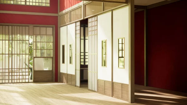 红色房间是日本风格的宽敞设计 色调自然 光线明亮 — 图库照片