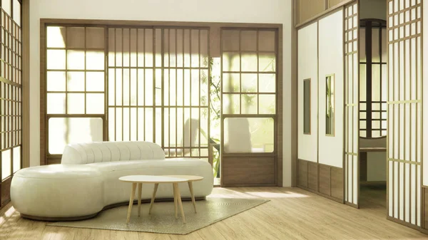 ソファで飾られたミニマリストジャパンディスタイルのリビングルーム — ストック写真