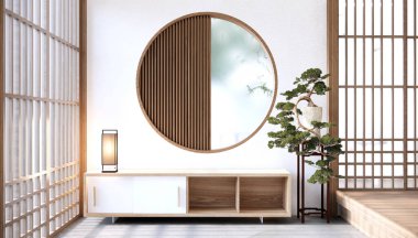 Japon tarzı, dekore edilmiş minimalist ve televizyon dolabı olan boş bir oda..