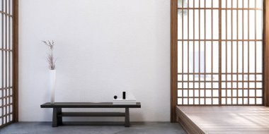 Japon tarzı boş oda beyaz duvar ve ahşap duvar ile süslenmiş.