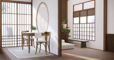 Ahşap zeminde Japon yemek masası..