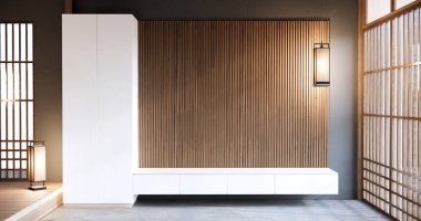 Japon tarzı, dekore edilmiş minimalist ve televizyon dolabı olan boş bir oda..