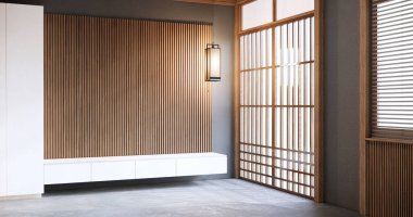 Japon tarzı, dekore edilmiş minimalist ve televizyon dolabı olan boş bir oda..