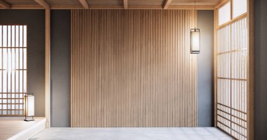 Japon tarzı boş oda beyaz duvar ve ahşap duvar ile süslenmiş.