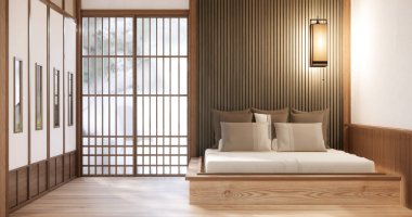 Japonya 'da beyaz kanepe japoncası tropikal desing ve tatami paspas zemininde.