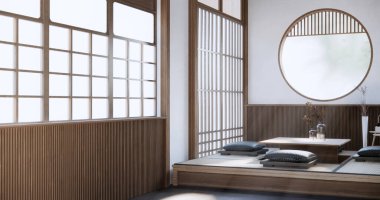 Japonya 'da beyaz kanepe japoncası tropikal desing ve tatami paspas zemininde.