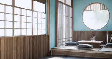 Japonya 'da beyaz kanepe japoncası tropikal desing ve tatami paspas zemininde.