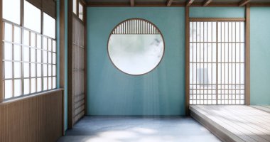 Ahşap zemin iç yeşil nane duvar. 3d render