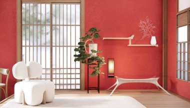 Japonya 'da beyaz kanepe japoncası tropikal desing ve tatami paspas zemininde.