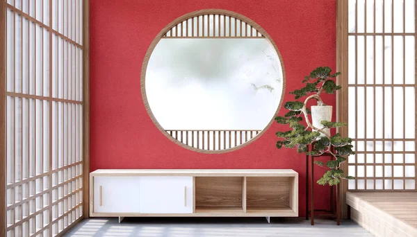 Interior Cabinet Shelves Red Wall Design Room Decoration Lamp Plants — Stock Photo, Image