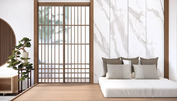 Dormitorio Estilo Japonés Moderno Decorado Cama Minimalista —  Fotos de Stock