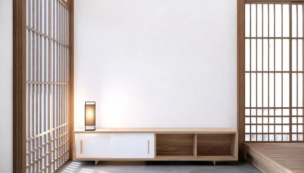 Japandi Styl Obývací Prázdný Pokoj Vyzdobené Minimalistický Kabinet — Stock fotografie