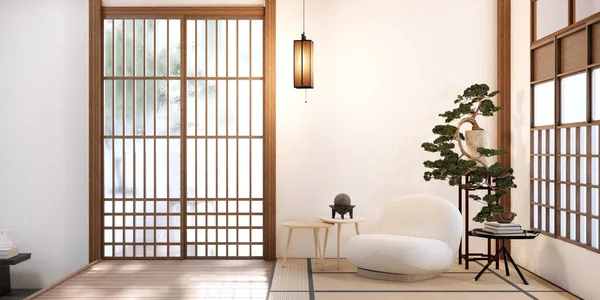 Divano Bianco Giapponese Camera Japan Tropicale Desing Tatami Mat Pavimento — Foto Stock