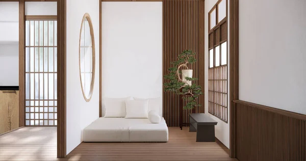 Modern Japansk Stil Sovrum Inredda Och Minimalistisk Säng — Stockfoto