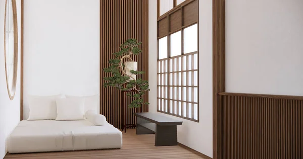 Μοντέρνο Japan Στυλ Υπνοδωμάτιο Διακοσμημένο Και Μινιμαλιστικό Κρεβάτι — Φωτογραφία Αρχείου
