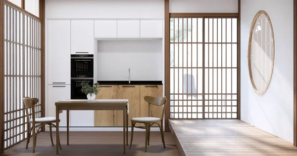 Moderne Küche Japanischen Stil Und Esstisch Auf Holzboden — Stockfoto