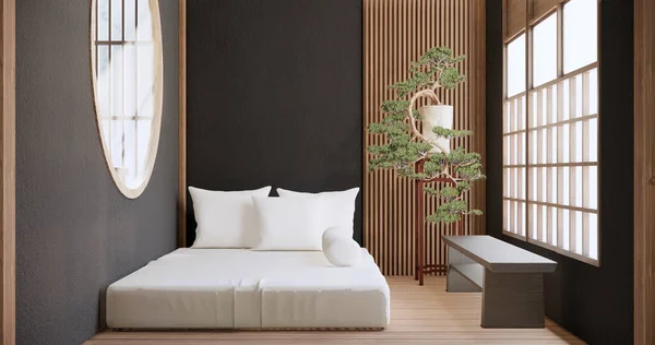 Μοντέρνο Japan Στυλ Υπνοδωμάτιο Διακοσμημένο Και Μινιμαλιστικό Κρεβάτι — Φωτογραφία Αρχείου