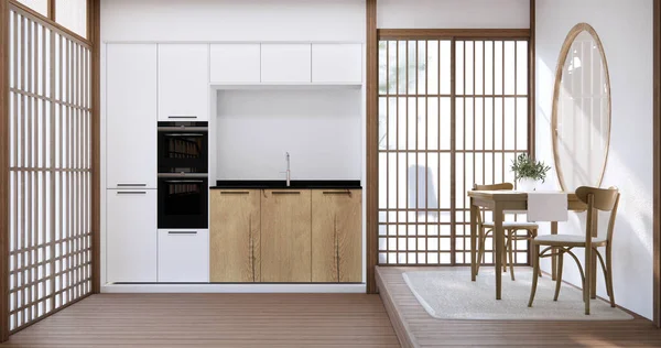 Modern japan style kitchen room and dining table on wood floor.