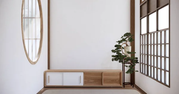 Japandi Styl Obývací Prázdný Pokoj Vyzdobené Minimalistický Kabinet — Stock fotografie