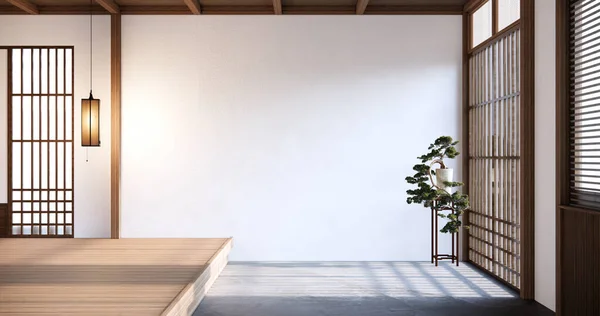 白い壁と木のスラットの壁で飾られた日本スタイルの空の部屋 — ストック写真