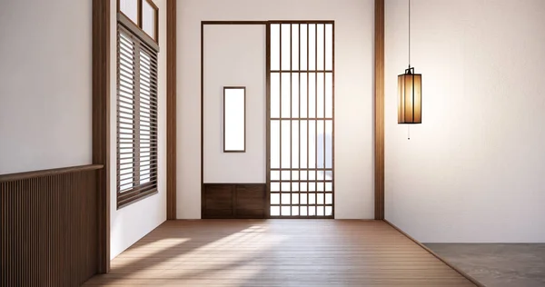 Japonský Styl Prázdný Pokoj Zdobený Bílou Stěnou Dřevěnou Lamelovou Stěnou — Stock fotografie