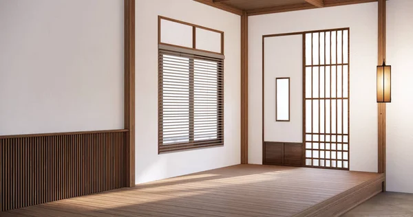 白い壁と木のスラットの壁で飾られた日本スタイルの空の部屋 — ストック写真