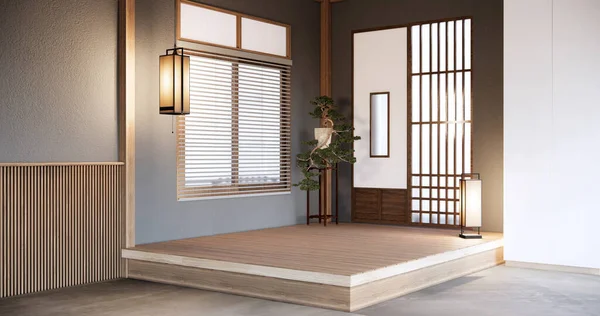 Japonský Styl Prázdný Pokoj Zdobený Bílou Stěnou Dřevěnou Lamelovou Stěnou — Stock fotografie