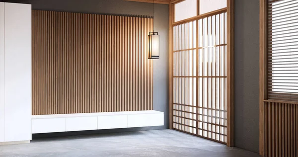 Japandi Stil Wohnzimmer Leer Mit Dekorierten Minimalistischen Und Schrank — Stockfoto