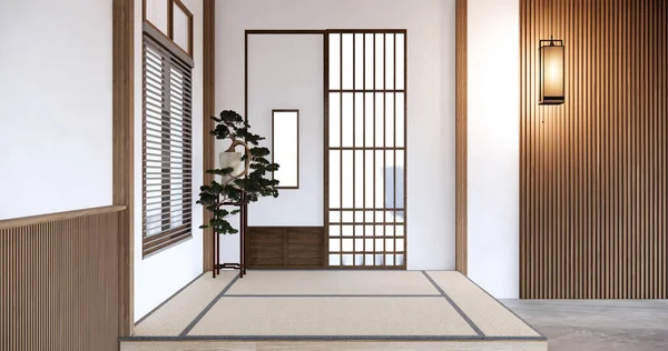 Ruang Kosong Gaya Jepang Dihiasi Dengan Dinding Putih Dan Dinding — Stok Foto