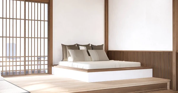 モダンな日本スタイルのベッドルーム装飾とミニマリストベッド — ストック写真