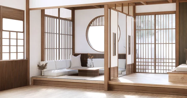 Japonia Styl Pusty Pokój Urządzony Podłogi Ściany Drewniane — Zdjęcie stockowe