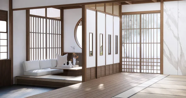 Stil Japonez Cameră Goală Decorată Perete Alb Perete Din Lemn — Fotografie, imagine de stoc
