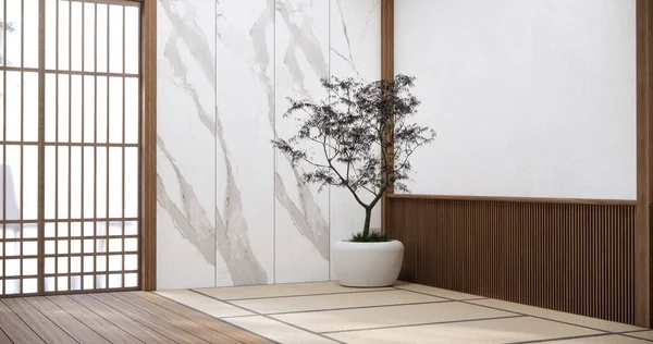 Японський Стиль Порожня Кімната Прикрашена Білою Стіною Дерев Яною Ковдрою — стокове фото