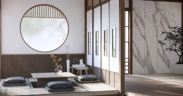 日本の部屋の白いソファ 日本のトロピカルデザインと畳の床 — ストック写真