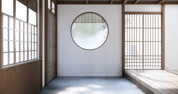 Japon Tarzı Boş Oda Beyaz Duvar Ahşap Duvar Ile Süslenmiş — Stok fotoğraf