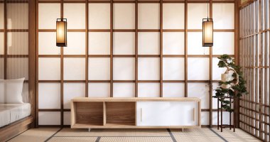 Modern Japon tarzı ve beyaz duvarda kabineyle süslenmiş. 3d oluşturma