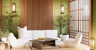 Modern oturma odasında büyük oda tasarımı siyah alçak masa, lamba, vazo ve dekorasyon tarzıyla.