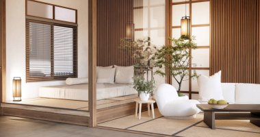 Modern oturma odasında büyük oda tasarımı siyah alçak masa, lamba, vazo ve dekorasyon tarzıyla.