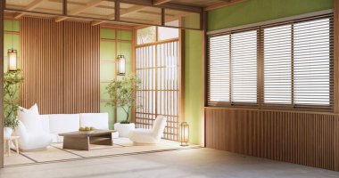 Modern oturma odasında büyük oda tasarımı siyah alçak masa, lamba, vazo ve dekorasyon tarzıyla.